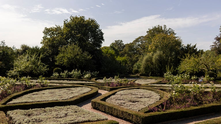 A view over the Elizabethan-inspired knot garden at Trerice
